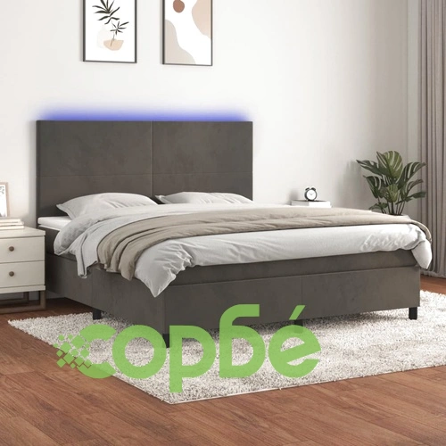 Боксспринг легло с матрак и LED, тъмносиво, 160x200 см, кадифе ➤ топ цена ➤ sorbe.bg