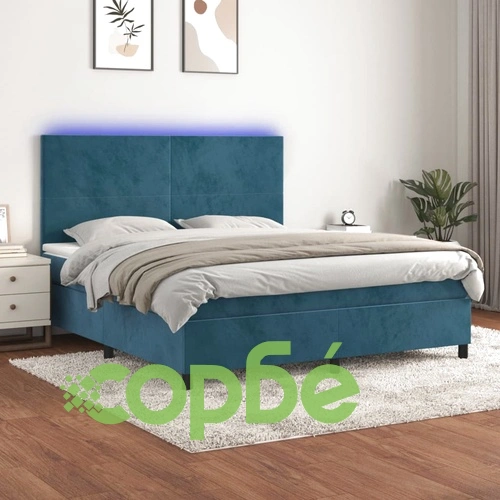 Боксспринг легло с матрак и LED, тъмносиньо, 160x200 см, кадифе ➤ топ цена ➤ sorbe.bg