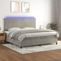 Боксспринг легло с матрак и LED, светлосиво, 200x200 см, кадифе