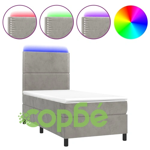 Боксспринг легло с матрак и LED, светлосиво, 90x190 см, кадифе ➤ топ цена ➤ sorbe.bg