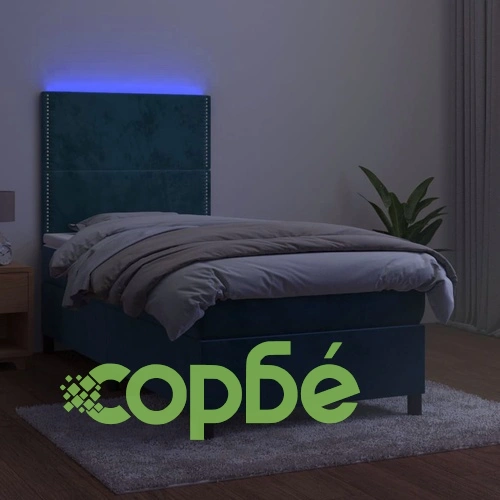 Боксспринг легло с матрак и LED, тъмносиньо, 90x190 см, кадифе ➤ топ цена ➤ sorbe.bg