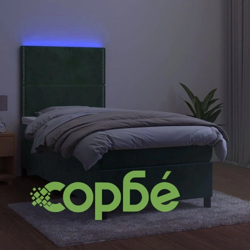 Боксспринг легло с матрак и LED, тъмнозелено, 90x200 см, кадифе ➤ топ цена ➤ sorbe.bg