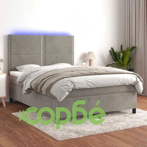 Боксспринг легло с матрак и LED, светлосиво, 140x190 см, кадифе ➤ топ цена ➤ sorbe.bg