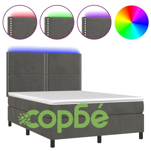Боксспринг легло с матрак и LED, тъмносиво, 140x190 см, кадифе ➤ топ цена ➤ sorbe.bg