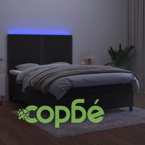 Боксспринг легло с матрак и LED, черно, 140x190 см, кадифе ➤ топ цена ➤ sorbe.bg