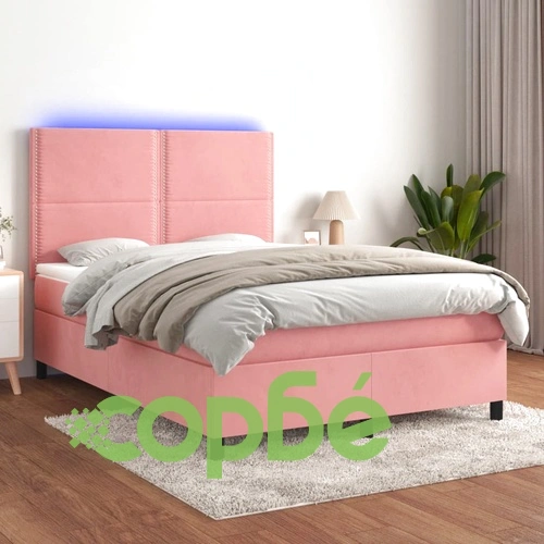 Боксспринг легло с матрак и LED, розово, 140x190 см, кадифе ➤ топ цена ➤ sorbe.bg