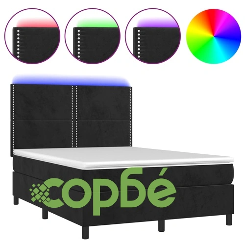 Боксспринг легло с матрак и LED, черно, 140x200 см, кадифе ➤ топ цена ➤ sorbe.bg
