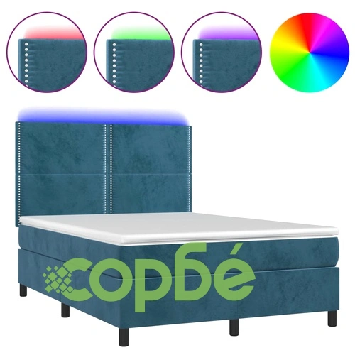 Боксспринг легло с матрак и LED, тъмносиньо, 140x200 см, кадифе ➤ топ цена ➤ sorbe.bg