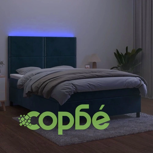 Боксспринг легло с матрак и LED, тъмносиньо, 140x200 см, кадифе ➤ топ цена ➤ sorbe.bg