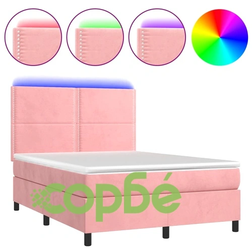 Боксспринг легло с матрак и LED, розово, 140x200 см, кадифе ➤ топ цена ➤ sorbe.bg