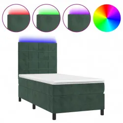 Боксспринг легло с матрак и LED, тъмнозелено, 100x200см, кадифе