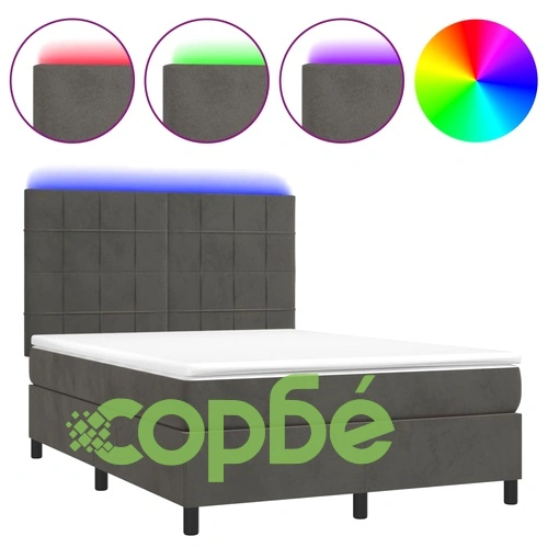 Боксспринг легло с матрак и LED, тъмносиво, 140x190 см, кадифе ➤ топ цена ➤ sorbe.bg