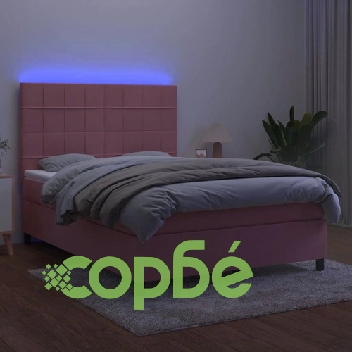 Боксспринг легло с матрак и LED, розово, 140x190 см, кадифе ➤ топ цена ➤ sorbe.bg