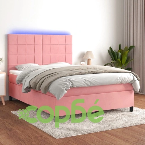Боксспринг легло с матрак и LED, розово, 140x190 см, кадифе ➤ топ цена ➤ sorbe.bg