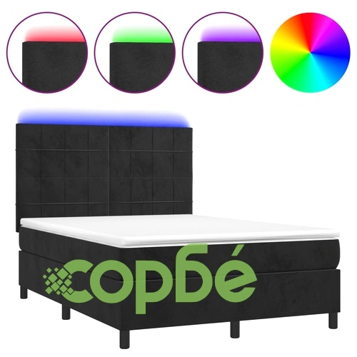 Боксспринг легло с матрак и LED, черно, 140x200 см, кадифе ➤ топ цена ➤ sorbe.bg