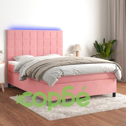 Боксспринг легло с матрак и LED, розово, 140x200 см, кадифе ➤ топ цена ➤ sorbe.bg