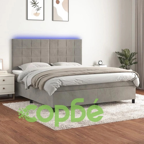 Боксспринг легло с матрак и LED, светлосиво, 160x200 см, кадифе ➤ топ цена ➤ sorbe.bg