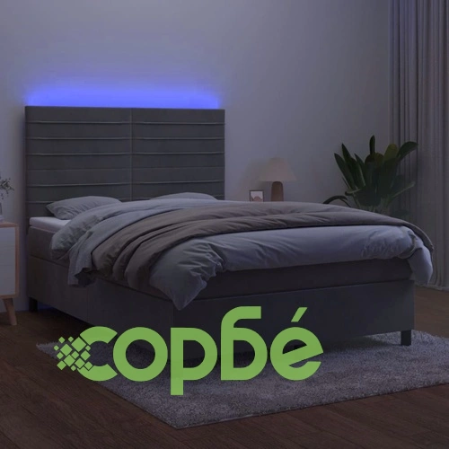 Боксспринг легло с матрак и LED, светлосиво, 140x190 см, кадифе ➤ топ цена ➤ sorbe.bg