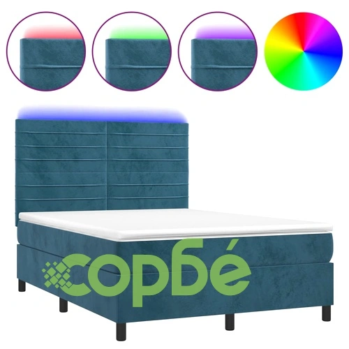 Боксспринг легло с матрак и LED, тъмносиньо, 140x190 см, кадифе ➤ топ цена ➤ sorbe.bg