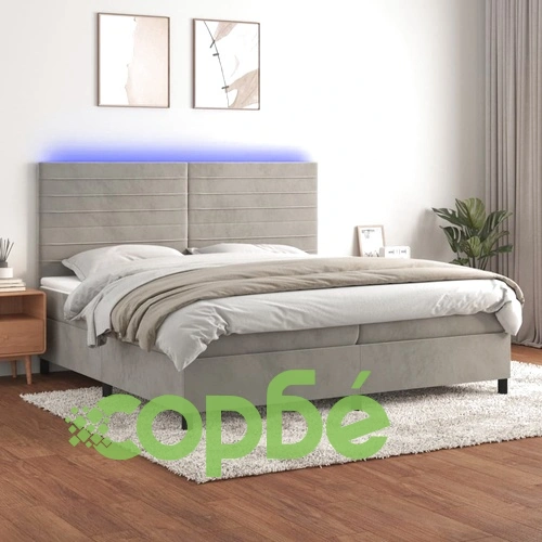 Боксспринг легло с матрак и LED, светлосиво, 200x200 см, кадифе ➤ топ цена ➤ sorbe.bg