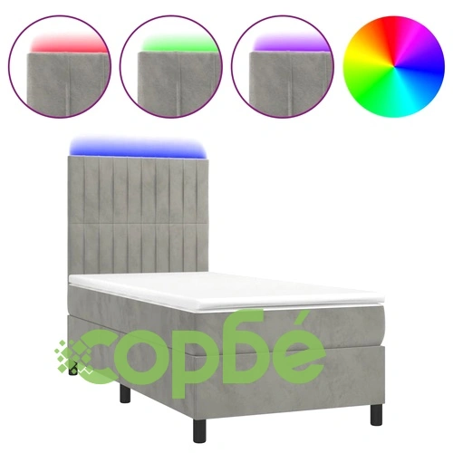 Боксспринг легло с матрак и LED, светлосиво, 80x200 см, кадифе ➤ топ цена ➤ sorbe.bg