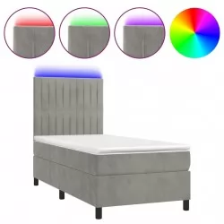 Боксспринг легло с матрак и LED, светлосиво, 90x190 см, кадифе