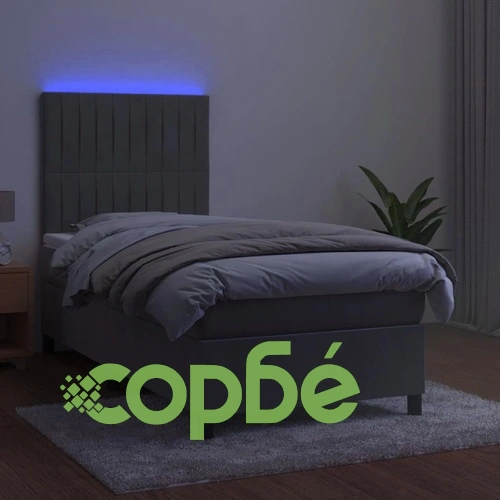 Боксспринг легло с матрак и LED, светлосиво, 90x190 см, кадифе ➤ топ цена ➤ sorbe.bg