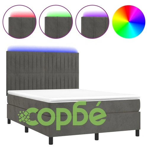 Боксспринг легло с матрак и LED, тъмносиво, 140x200 см, кадифе ➤ топ цена ➤ sorbe.bg