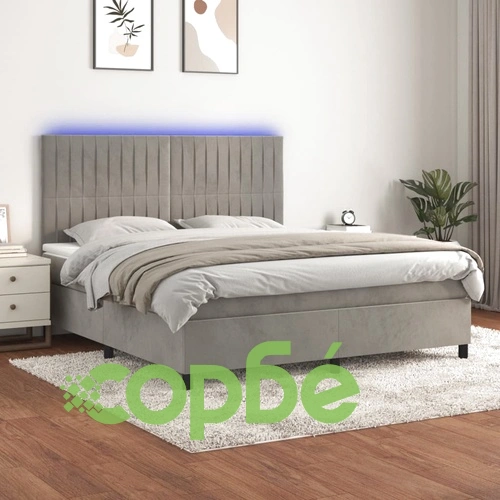 Боксспринг легло с матрак и LED, светлосиво, 180x200 см, кадифе ➤ топ цена ➤ sorbe.bg