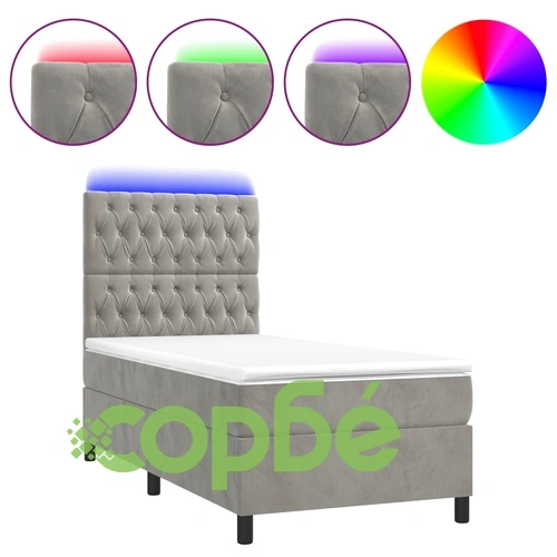 Боксспринг легло с матрак и LED, светлосиво, 90x190 см, кадифе ➤ топ цена ➤ sorbe.bg