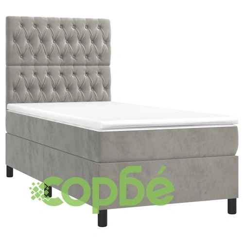 Боксспринг легло с матрак и LED, светлосиво, 100x200 см, кадифе ➤ топ цена ➤ sorbe.bg