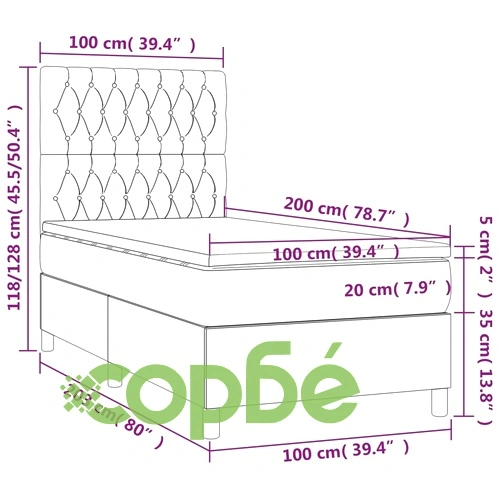 Боксспринг легло с матрак и LED, светлосиво, 100x200 см, кадифе ➤ топ цена ➤ sorbe.bg