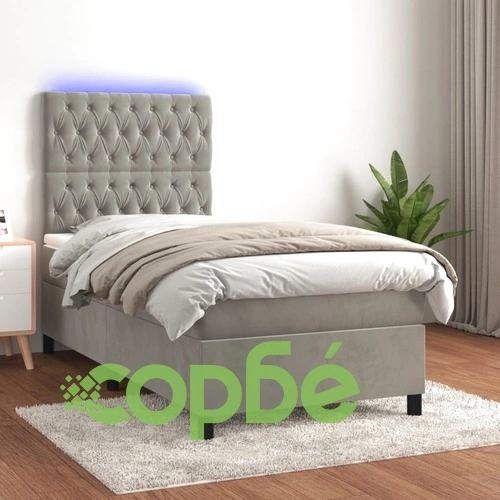 Боксспринг легло с матрак и LED, светлосиво, 100x200 см, кадифе ➤ топ цена ➤ sorbe.bg