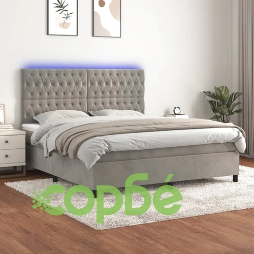 Боксспринг легло с матрак и LED, светлосиво, 180x200 см, кадифе ➤ топ цена ➤ sorbe.bg