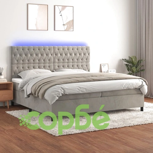 Боксспринг легло с матрак и LED, светлосиво, 200x200 см, кадифе ➤ топ цена ➤ sorbe.bg