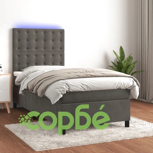 Боксспринг легло с матрак и LED, тъмносиво, 80x200 см, кадифе ➤ топ цена ➤ sorbe.bg