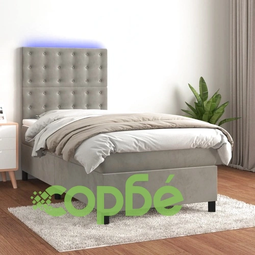 Боксспринг легло с матрак и LED, светлосиво, 90x190 см, кадифе ➤ топ цена ➤ sorbe.bg
