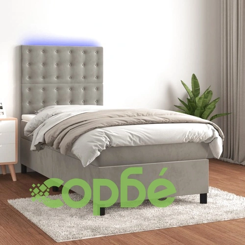 Боксспринг легло с матрак и LED, светлосиво, 100x200 см, кадифе ➤ топ цена ➤ sorbe.bg