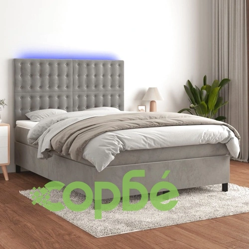 Боксспринг легло с матрак и LED, светлосиво, 140x190 см, кадифе ➤ топ цена ➤ sorbe.bg