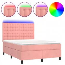 Боксспринг легло с матрак и LED, розово, 140x190 см, кадифе