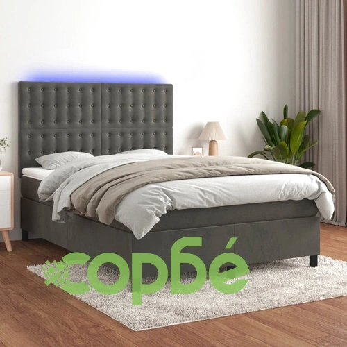 Боксспринг легло с матрак и LED, тъмносиво, 140x200 см, кадифе ➤ топ цена ➤ sorbe.bg
