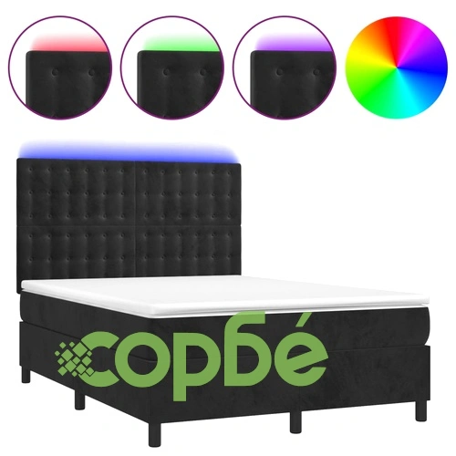 Боксспринг легло с матрак и LED, черно, 140x200 см, кадифе ➤ топ цена ➤ sorbe.bg