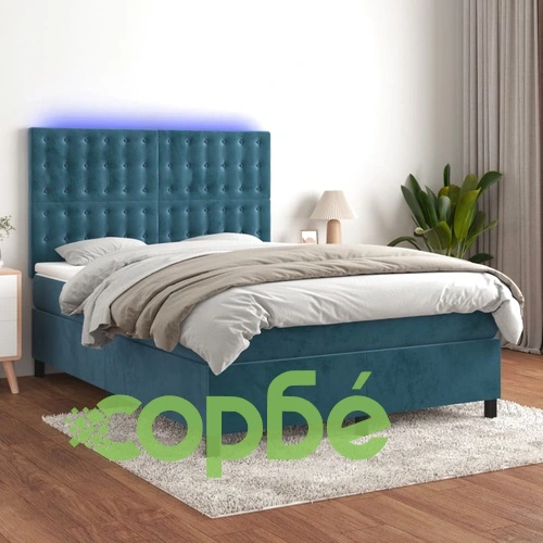Боксспринг легло с матрак и LED, тъмносиньо, 140x200 см, кадифе ➤ топ цена ➤ sorbe.bg