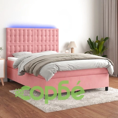 Боксспринг легло с матрак и LED, розово, 140x200 см, кадифе ➤ топ цена ➤ sorbe.bg