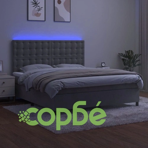 Боксспринг легло с матрак и LED, светлосиво, 180x200 см, кадифе ➤ топ цена ➤ sorbe.bg
