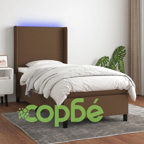 Боксспринг легло с матрак и LED, тъмнокафява, 90x190 см, плат ➤ топ цена ➤ sorbe.bg
