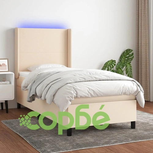 Боксспринг легло с матрак и LED, кремава, 90x190 см, плат ➤ топ цена ➤ sorbe.bg