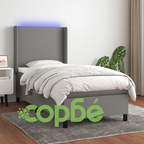 Боксспринг легло с матрак и LED, тъмносиво, 100x200 см, плат ➤ топ цена ➤ sorbe.bg