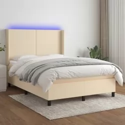 Боксспринг легло с матрак и LED, кремаво, 140x190 см, плат