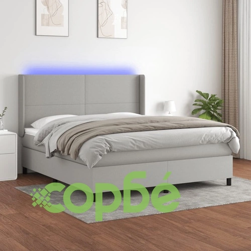 Боксспринг легло с матрак и LED, светлосиво, 160x200 см, плат ➤ топ цена ➤ sorbe.bg